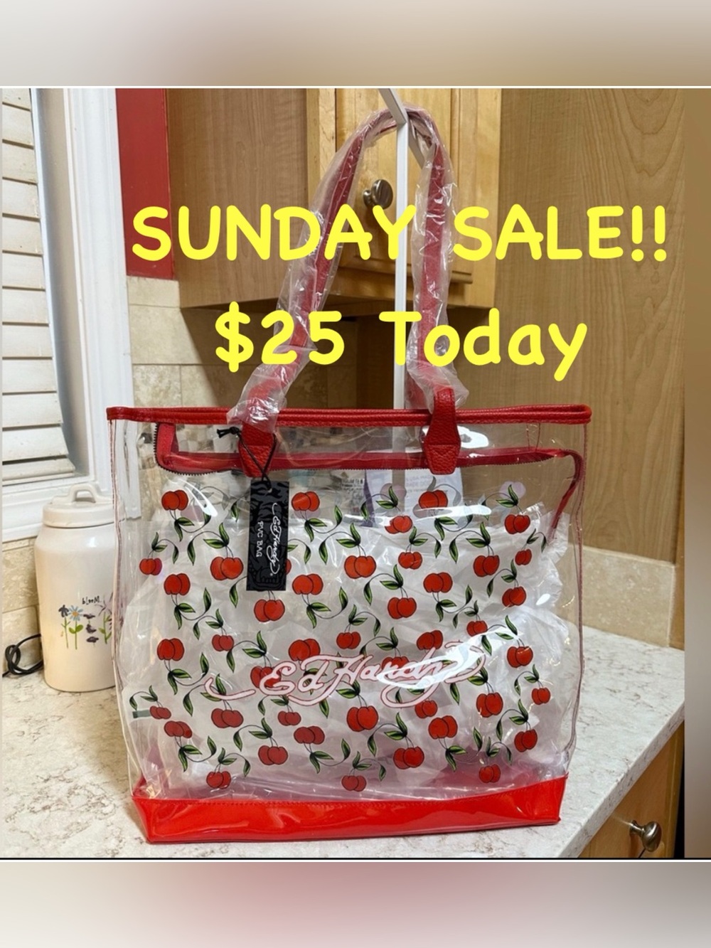 $25 SUNDAY SALE🎉 Ed Hardy Cherry Print Clear PVC Tote Bag, Red Faux Leather Trim